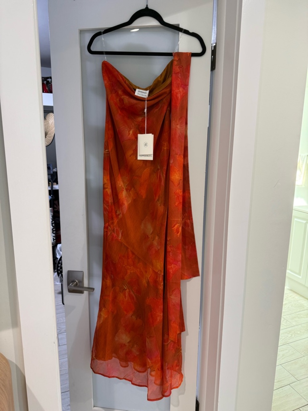 Strapless Orange-Red Floral Evening Gown - Picture 2 of 2